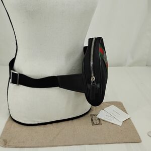 GUCCI Black Canvas Crossbody Belt Bag Unisex Green and Red Stripe